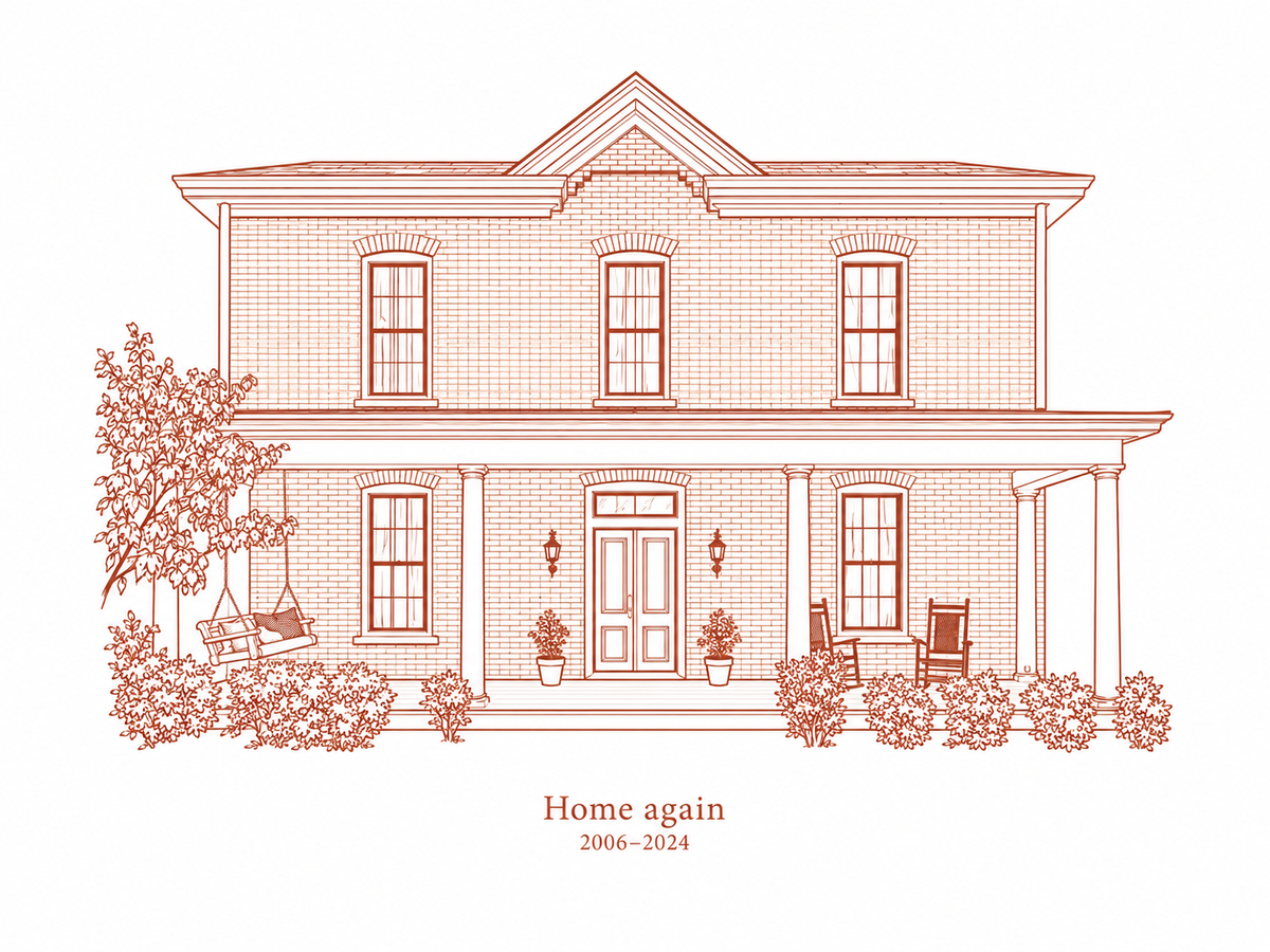 Illustrative One Ink Estate study of a two story brick home with a front porch and sample wording Home again and 2006 to 2024