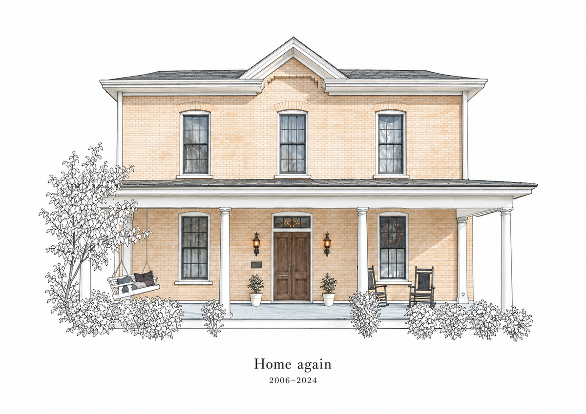 Illustrative Quiet Architectural Wash study of a two story brick home with a front porch and sample wording Home again and 2006 to 2024