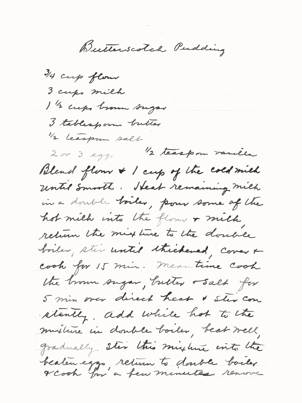 Historical butterscotch pudding recipe page in charcoal on warm white with faint original ruling traces
