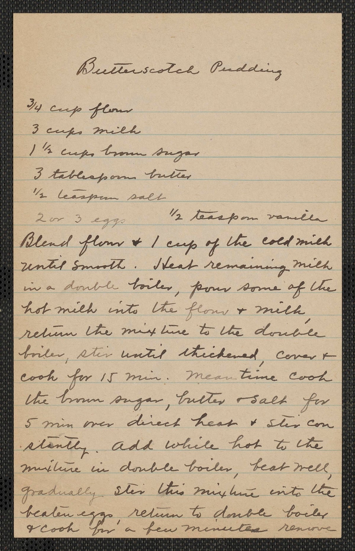 Original historical butterscotch pudding recipe page with handwriting on ruled paper