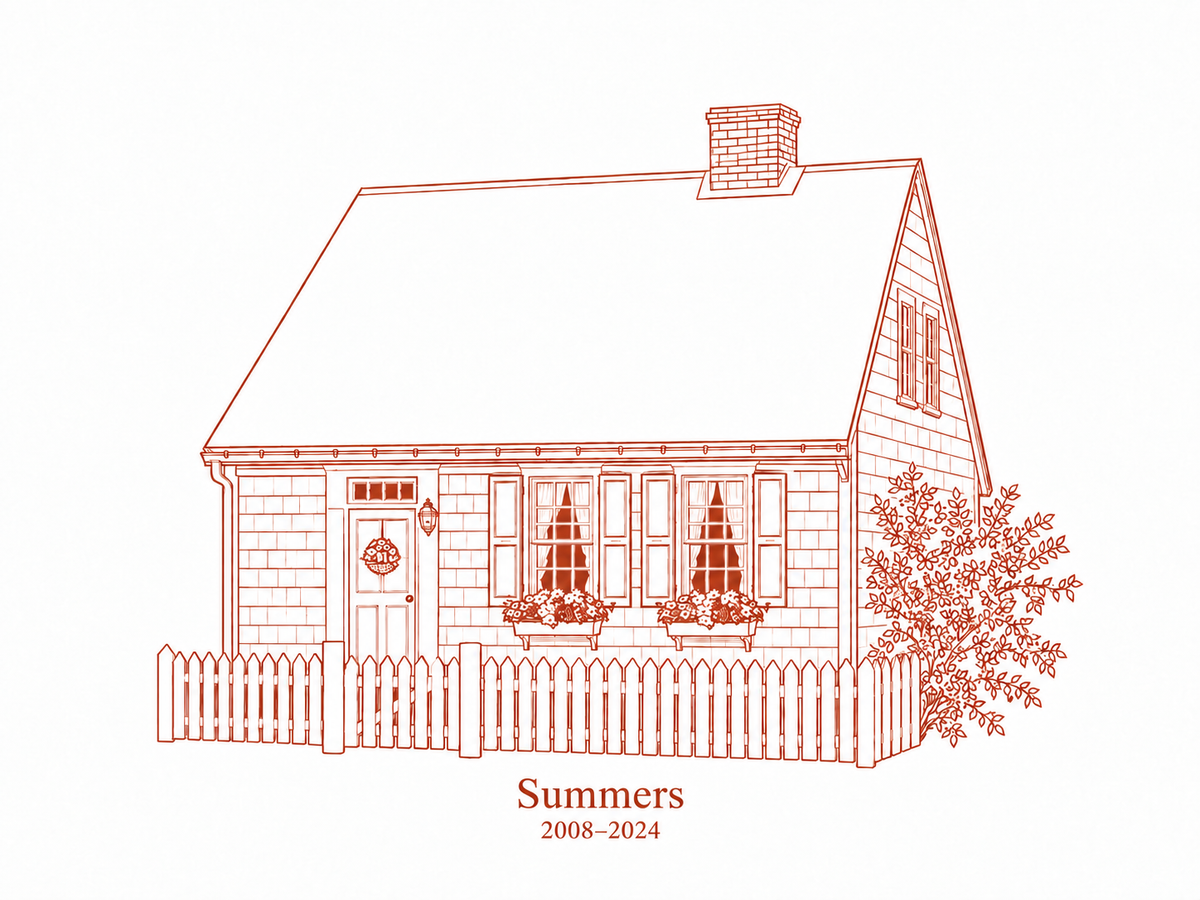 Illustrative One Ink Estate study of a Cape Cod cottage with sample wording Summers and 2008 to 2024