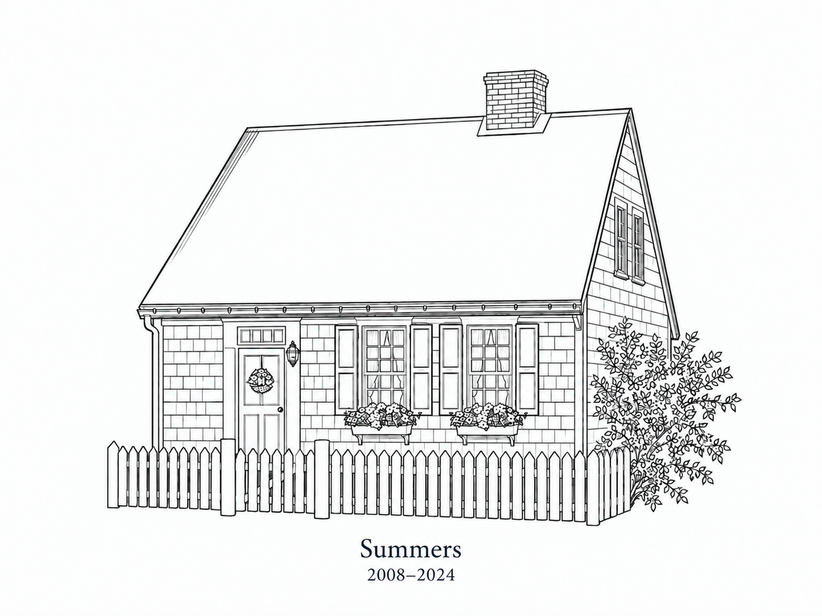 Illustrative Heritage Etching study of a Cape Cod cottage with sample wording Summers and 2008 to 2024