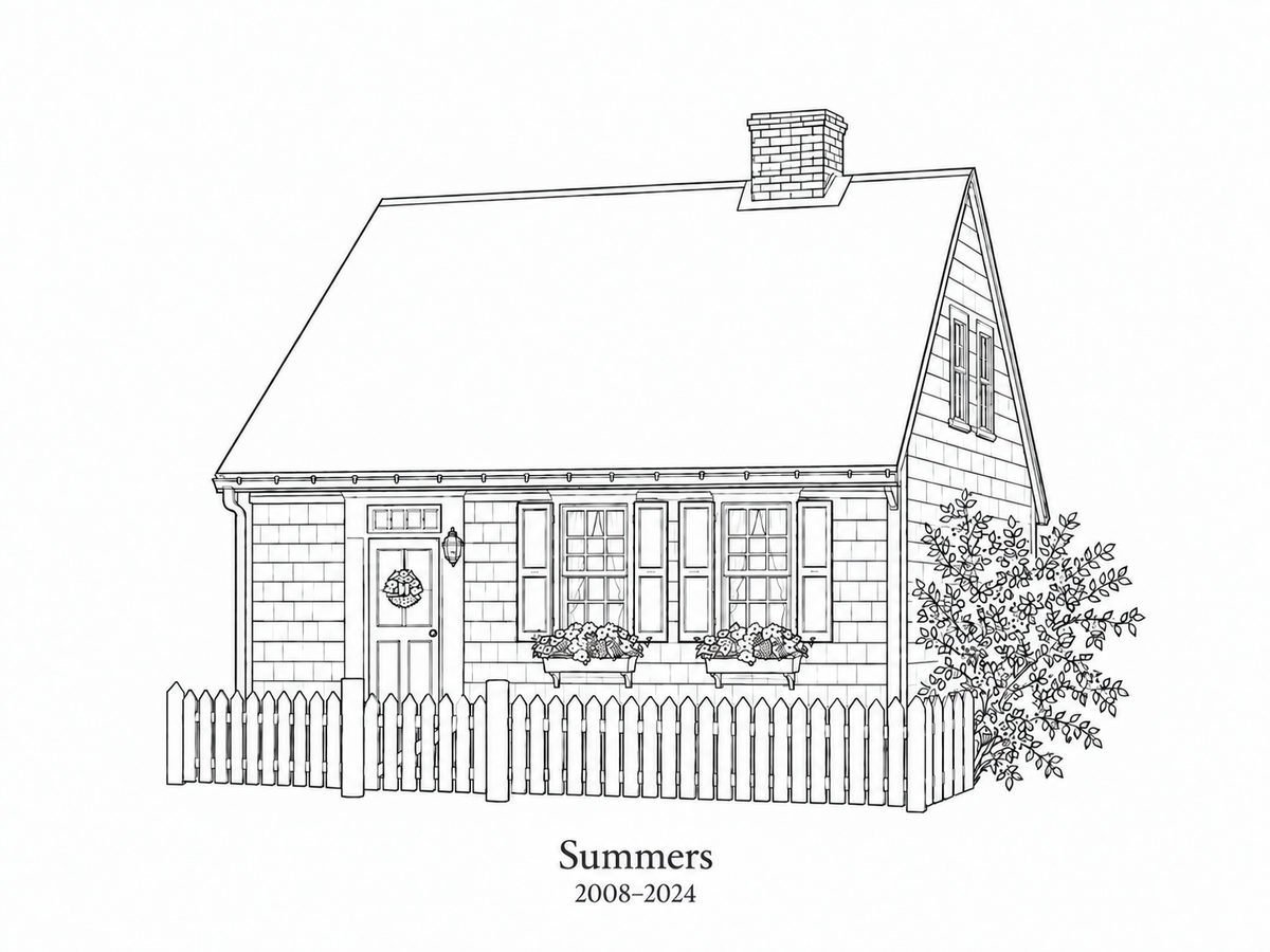 Illustrative Architectural Ink study of a Cape Cod cottage with sample wording Summers and 2008 to 2024