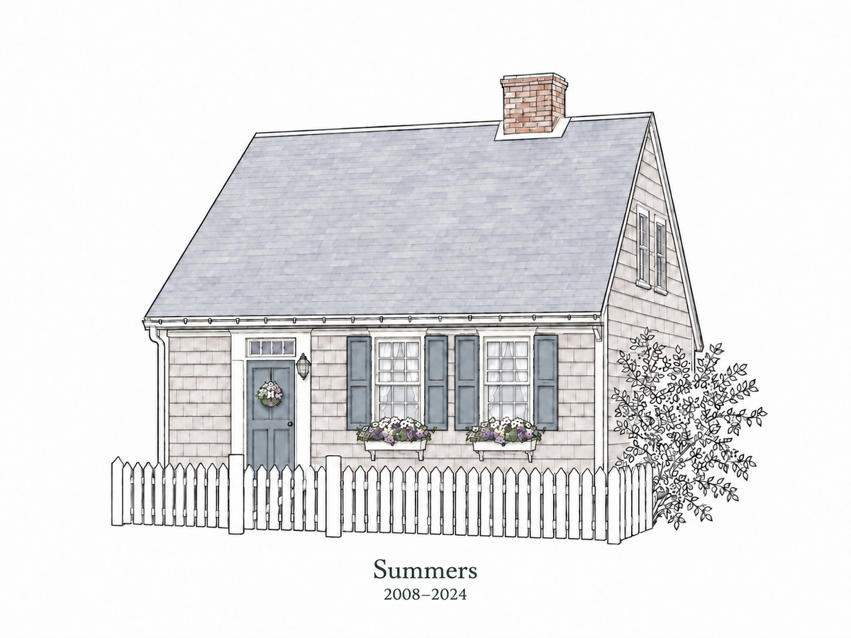 Illustrative Quiet Architectural Wash study of a Cape Cod cottage with sample wording Summers and 2008 to 2024