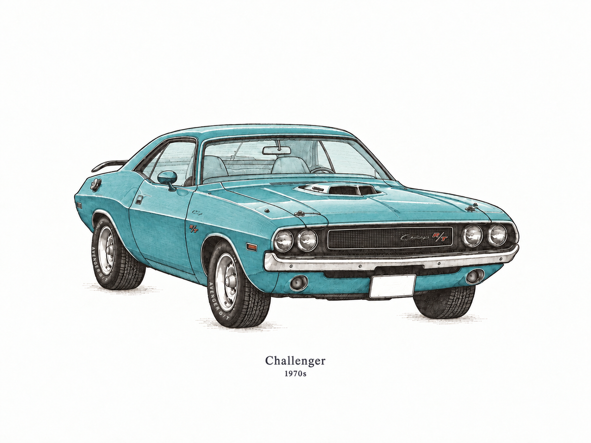 Illustrative Editorial Ink study of a classic teal Challenger with a consistently teal body, three visible tires and sample wording Challenger and 1970s