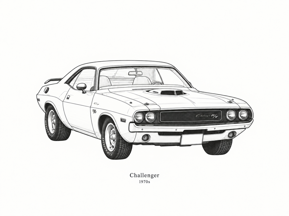 Illustrative Precision Line study of the classic Challenger with three visible tires and the era caption Challenger and 1970s.