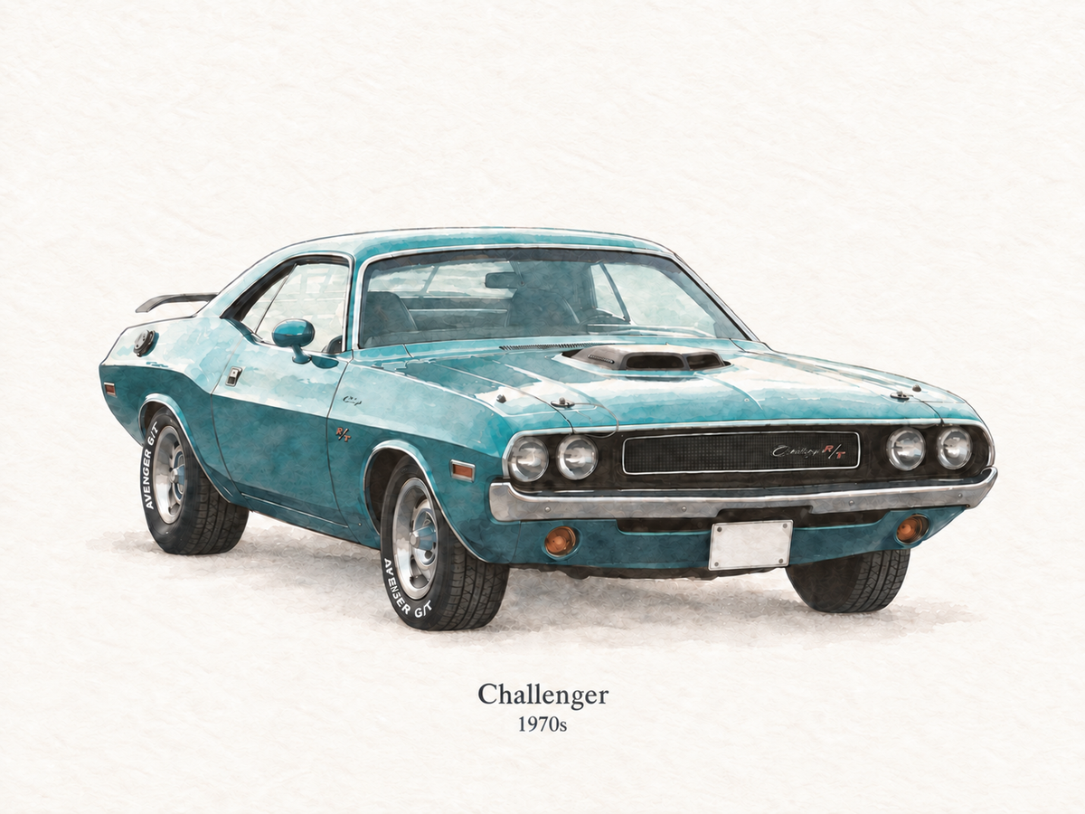 Illustrative Soft Watercolor study of the teal classic Challenger with three visible tires and the era caption Challenger and 1970s.