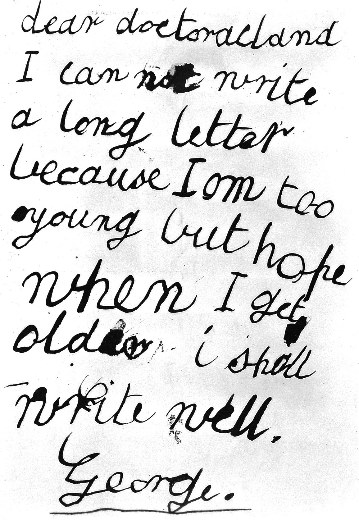 Original letter handwritten by a young boy to his doctor, with ink blots