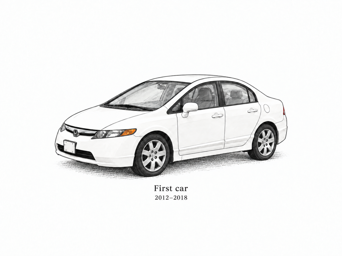 Illustrative Editorial Ink study of a white Honda Civic with sample wording First car and 2012 to 2018