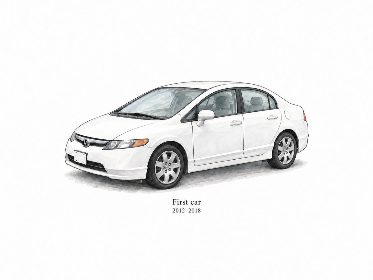 Illustrative Soft Watercolor study of a white Honda Civic with sample wording First car and 2012 to 2018