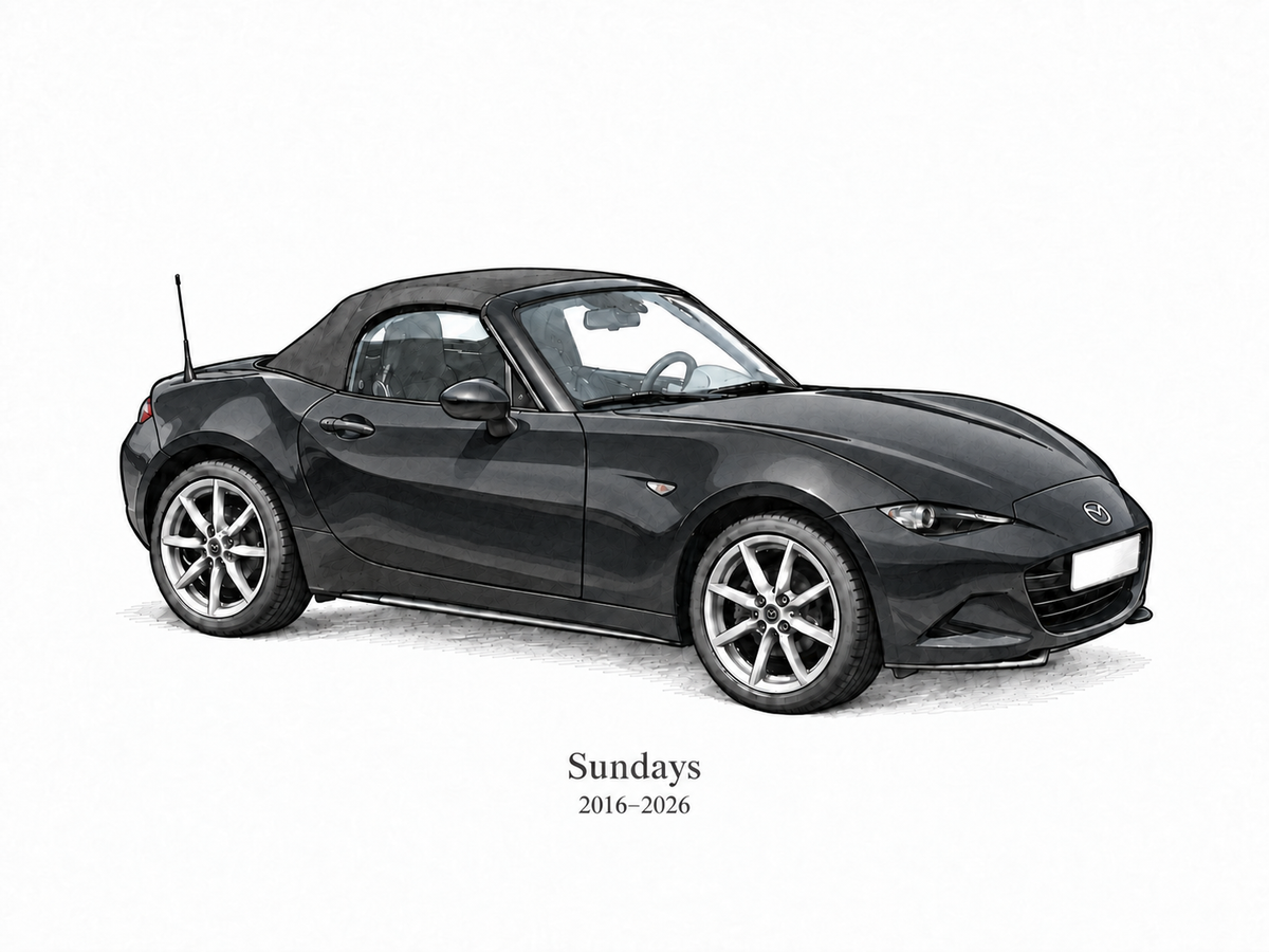 Illustrative Editorial Ink study of a consistently charcoal black Mazda MX5 Miata with sample wording Sundays and 2016 to 2026