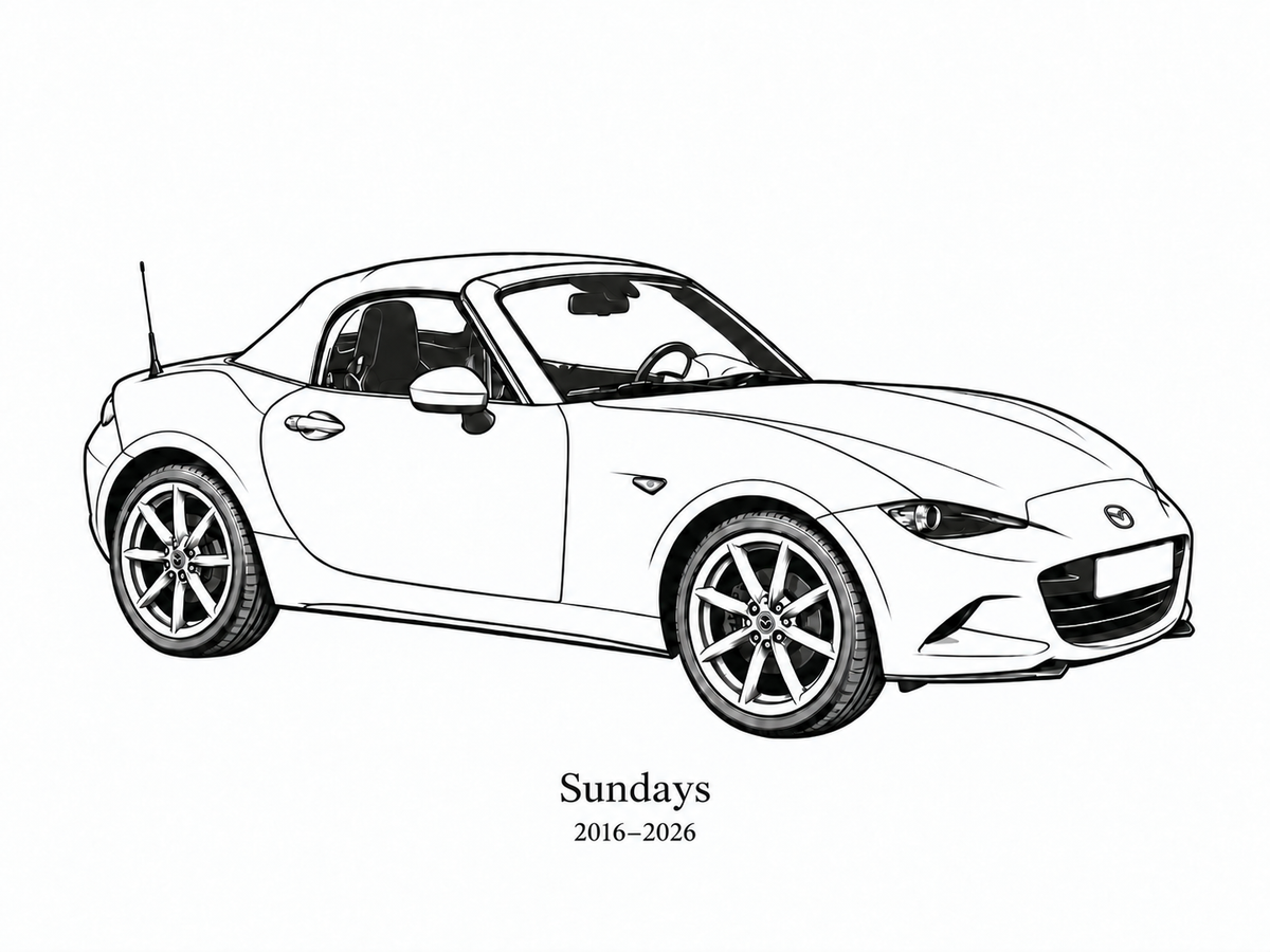 Illustrative Precision Line study of a Mazda MX5 Miata with sample wording Sundays and 2016 to 2026