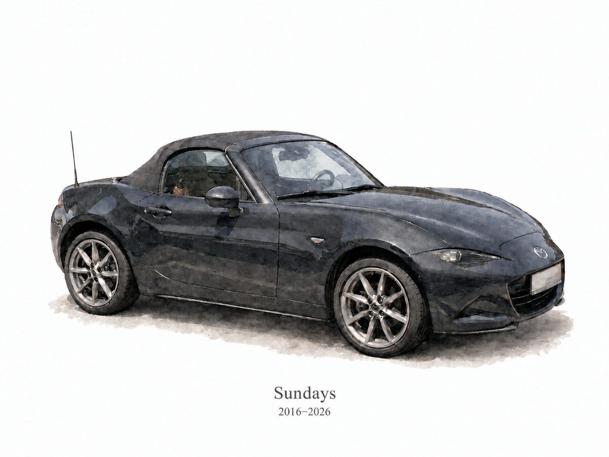 Illustrative Soft Watercolor study of a dark Mazda MX5 Miata with sample wording Sundays and 2016 to 2026
