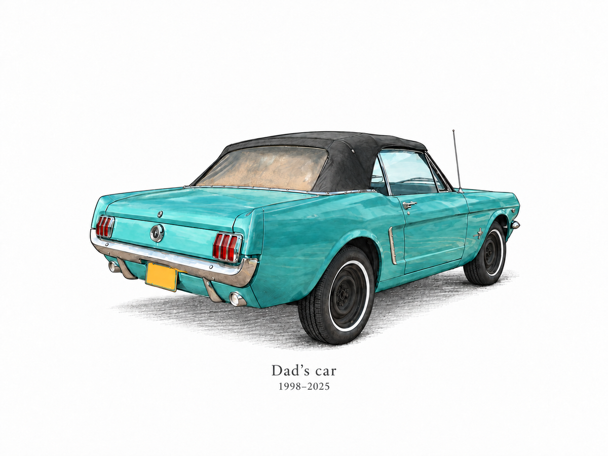 Illustrative Editorial Ink study of a green classic Mustang convertible with sample wording Dad’s car and 1998 to 2025