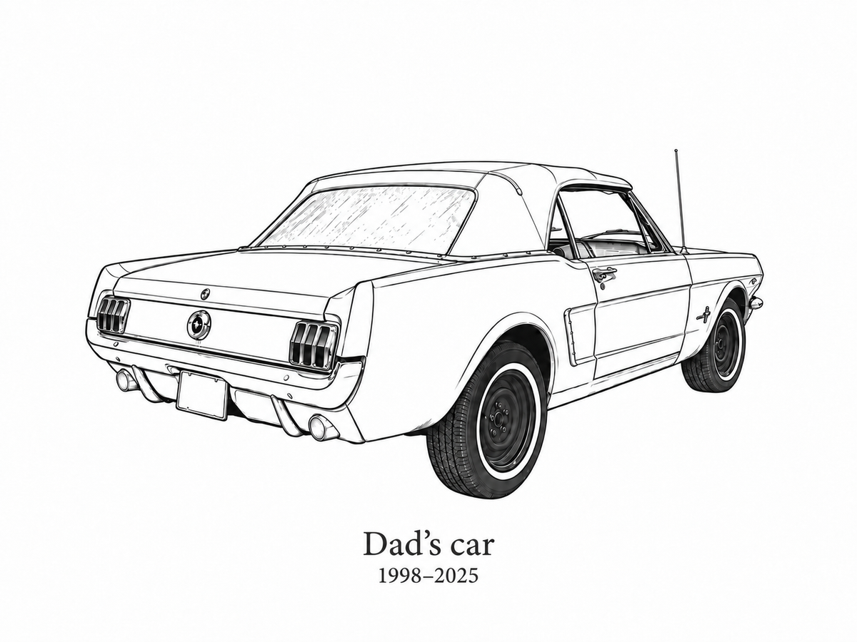 Illustrative Precision Line study of a classic Mustang convertible with sample wording Dad’s car and 1998 to 2025