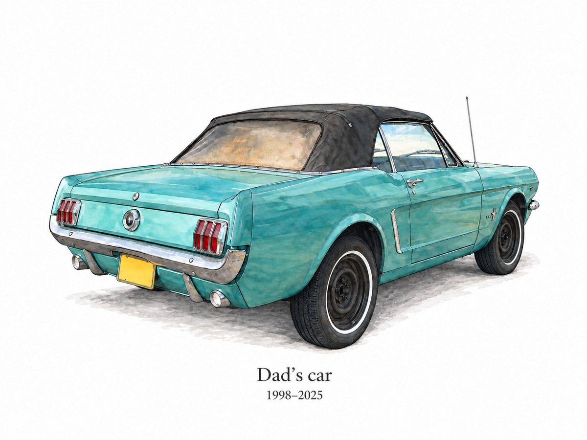Illustrative Soft Watercolor study of a green classic Mustang convertible with sample wording Dad’s car and 1998 to 2025