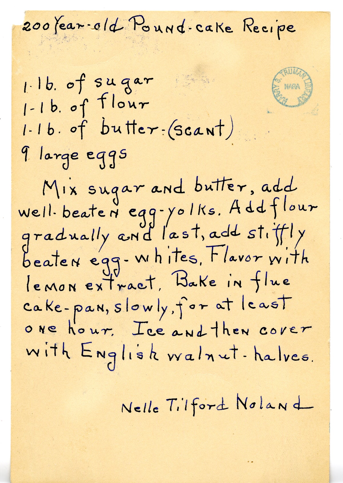 Original historical pound cake recipe signed Nelle Tilford Noland with its archive stamp and original page marks visible