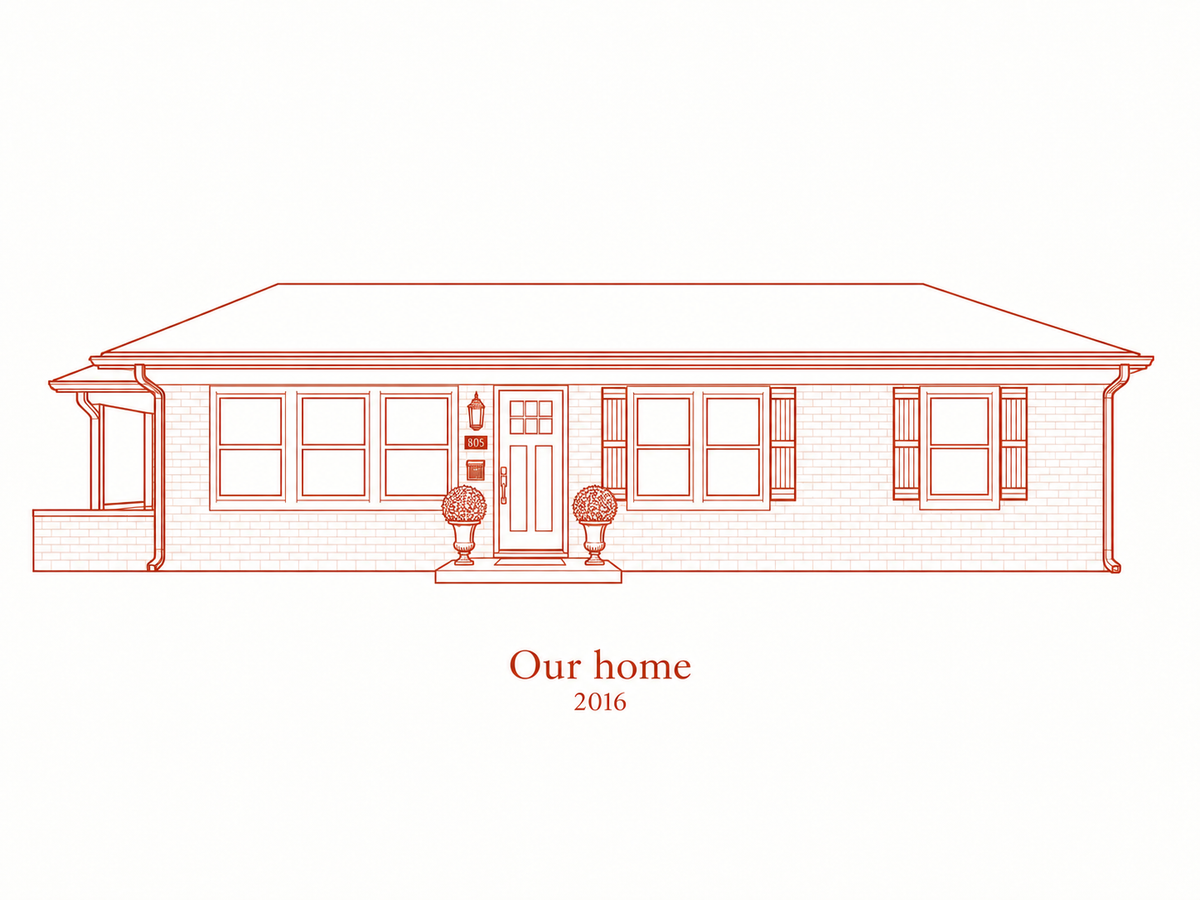 Illustrative One Ink Estate study of the ranch home with its six pane door and sample wording Our home and 2016.