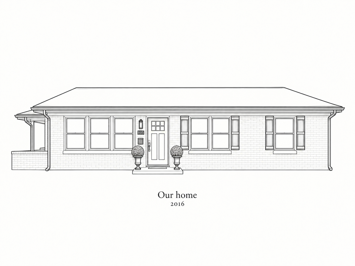 Illustrative Heritage Etching study of the ranch home with its six pane door and sample wording Our home and 2016.
