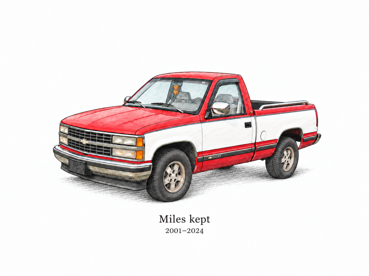 Illustrative Editorial Ink study of a red and white Chevrolet Silverado pickup with sample wording Miles kept and 2001 to 2024