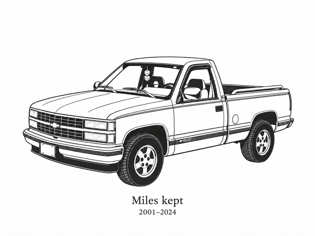 Illustrative Precision Line study of a Chevrolet Silverado pickup with sample wording Miles kept and 2001 to 2024