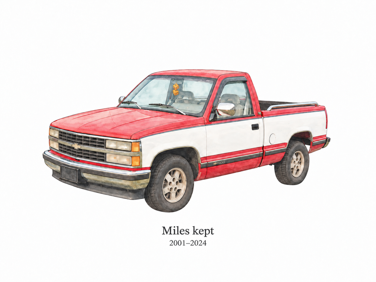 Illustrative Soft Watercolor study of a red and white Chevrolet Silverado pickup with sample wording Miles kept and 2001 to 2024