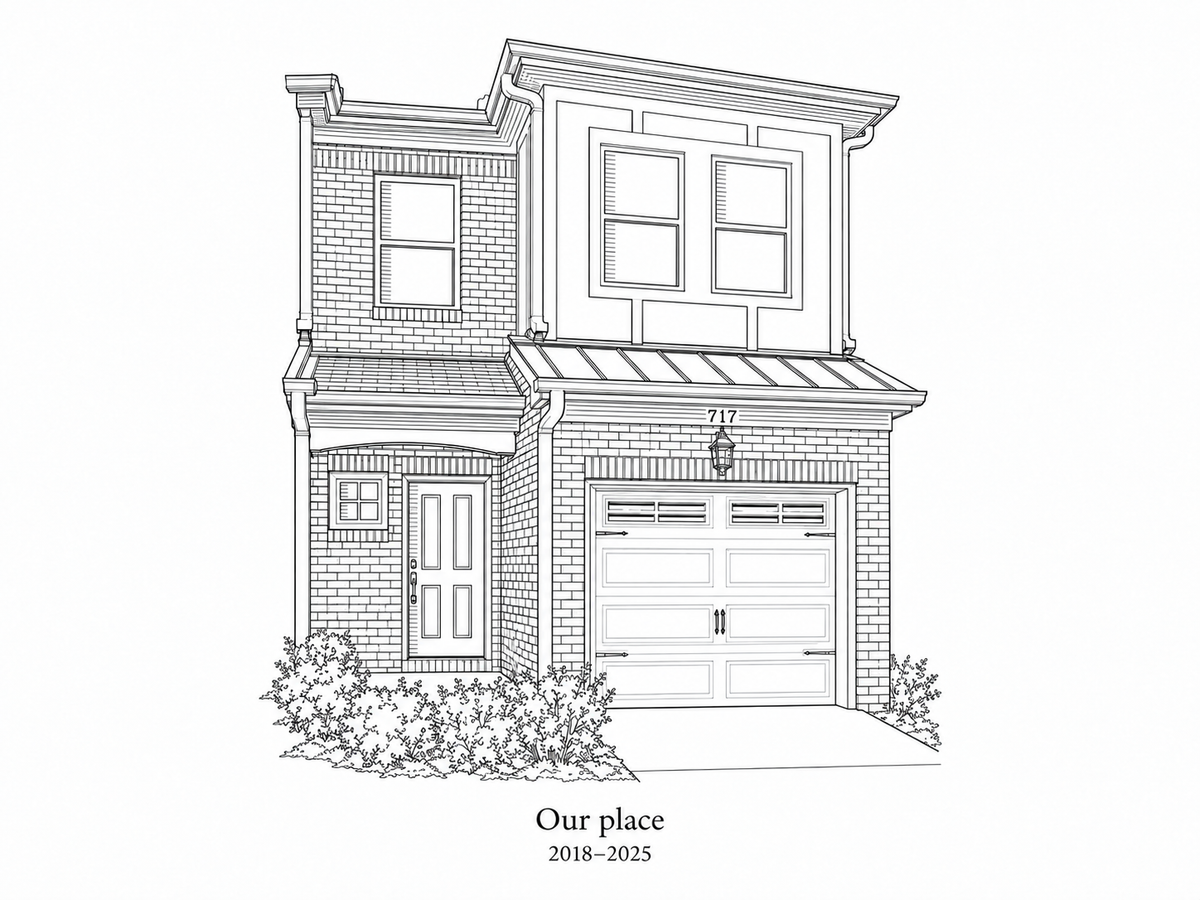 Illustrative Heritage Etching study of the central townhome with sample wording Our place and 2018 to 2025
