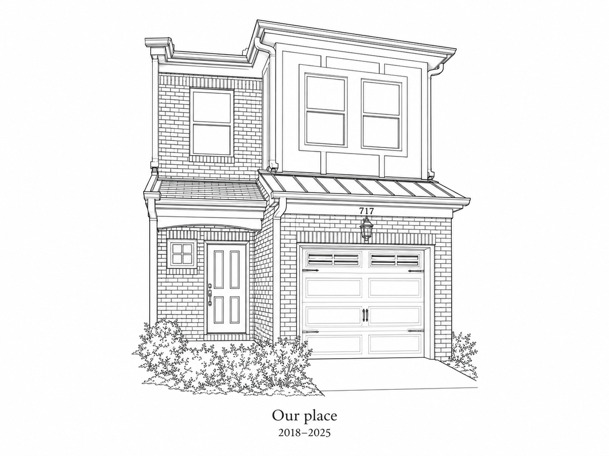 Illustrative Architectural Ink study of the central townhome with sample wording Our place and 2018 to 2025