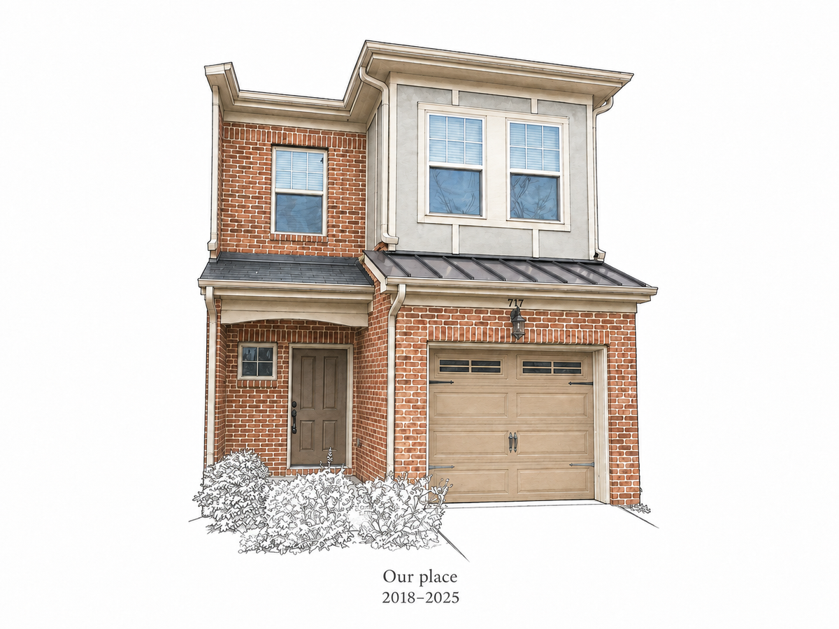 Illustrative Quiet Architectural Wash study of the central townhome with sample wording Our place and 2018 to 2025